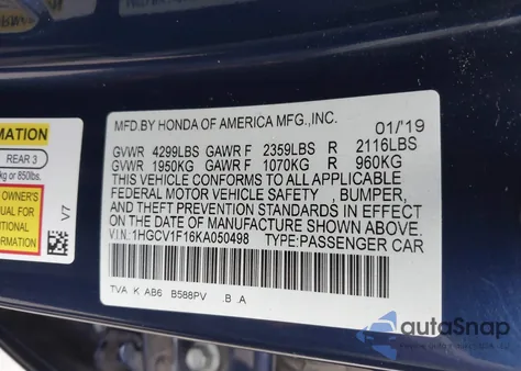 2019 Honda Accord Lx z USA, uszkodzony, nr VIN 1HGCV1F16KA050498